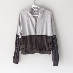 Juicy Couture Sport Zip Front Hoodie Colorblock Black Grey Blue Pockets Small